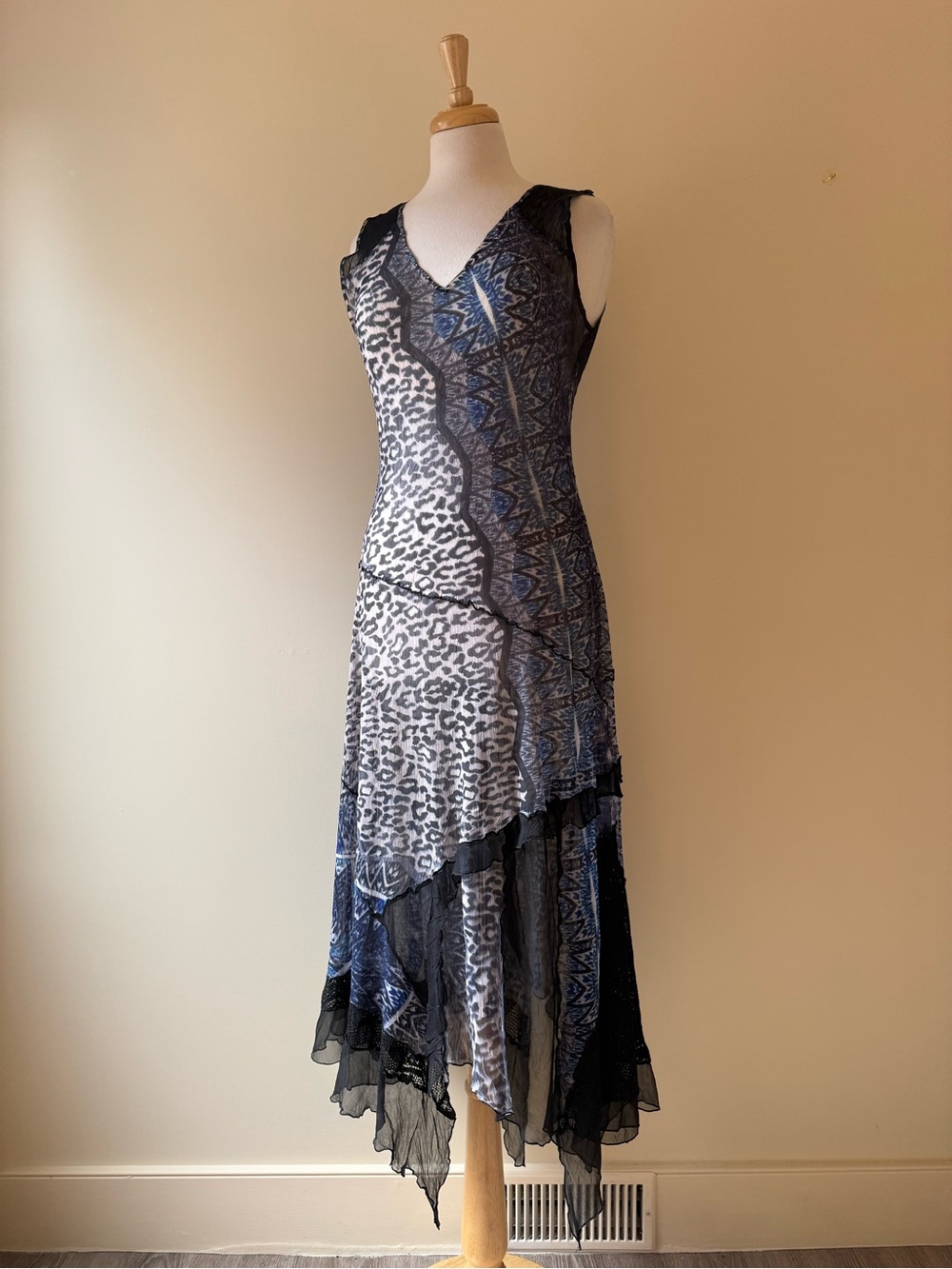 Vintage Komarov Layered Mesh Animal Print Asymmetrical Maxi Dress XL